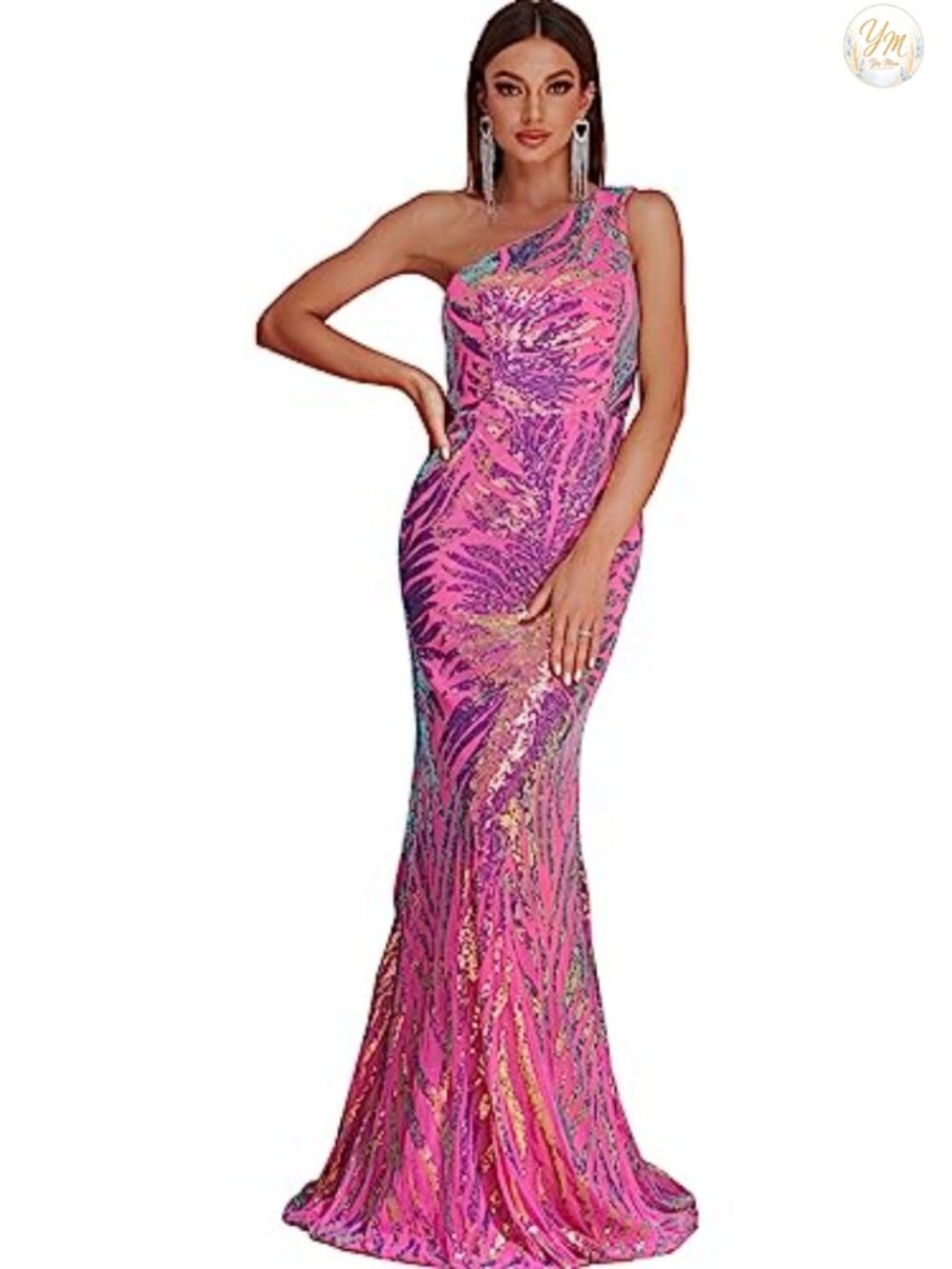 One Shoulder Holographic Sequin Maxi Dress Evening Gown Prom